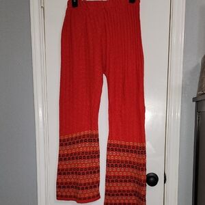Chic Red Wide Leg Pants with Patterned Hem